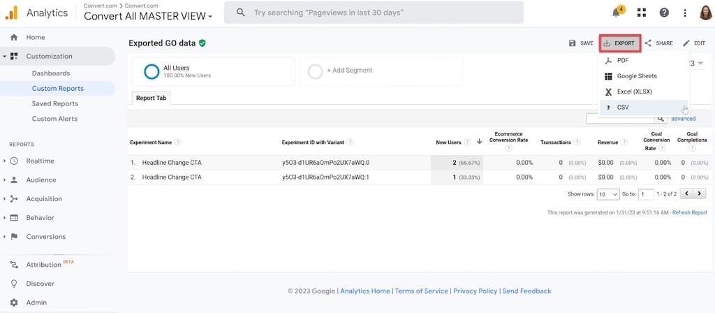 Google Analytics Experiments Custom Report Export