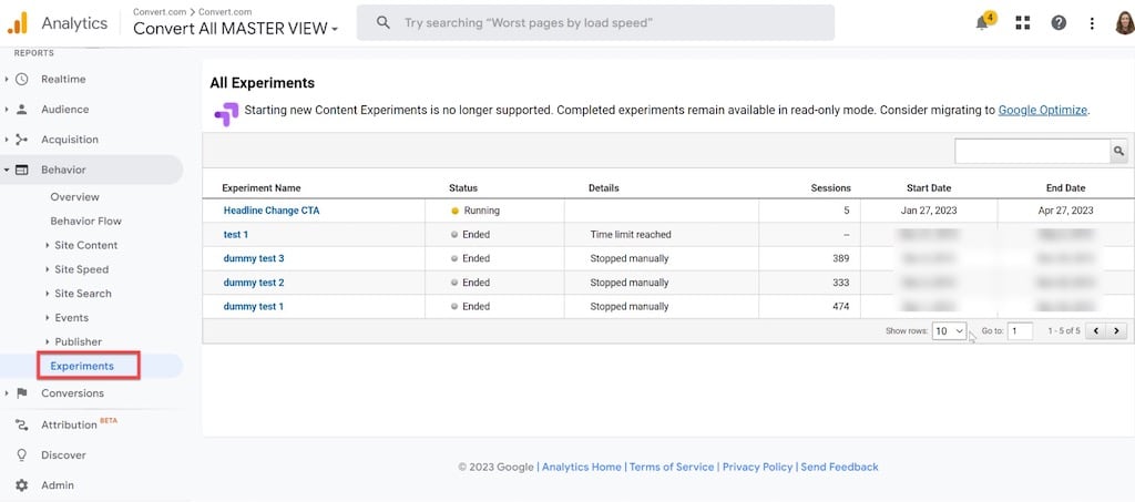 Google Analytics Experiments Custom Report