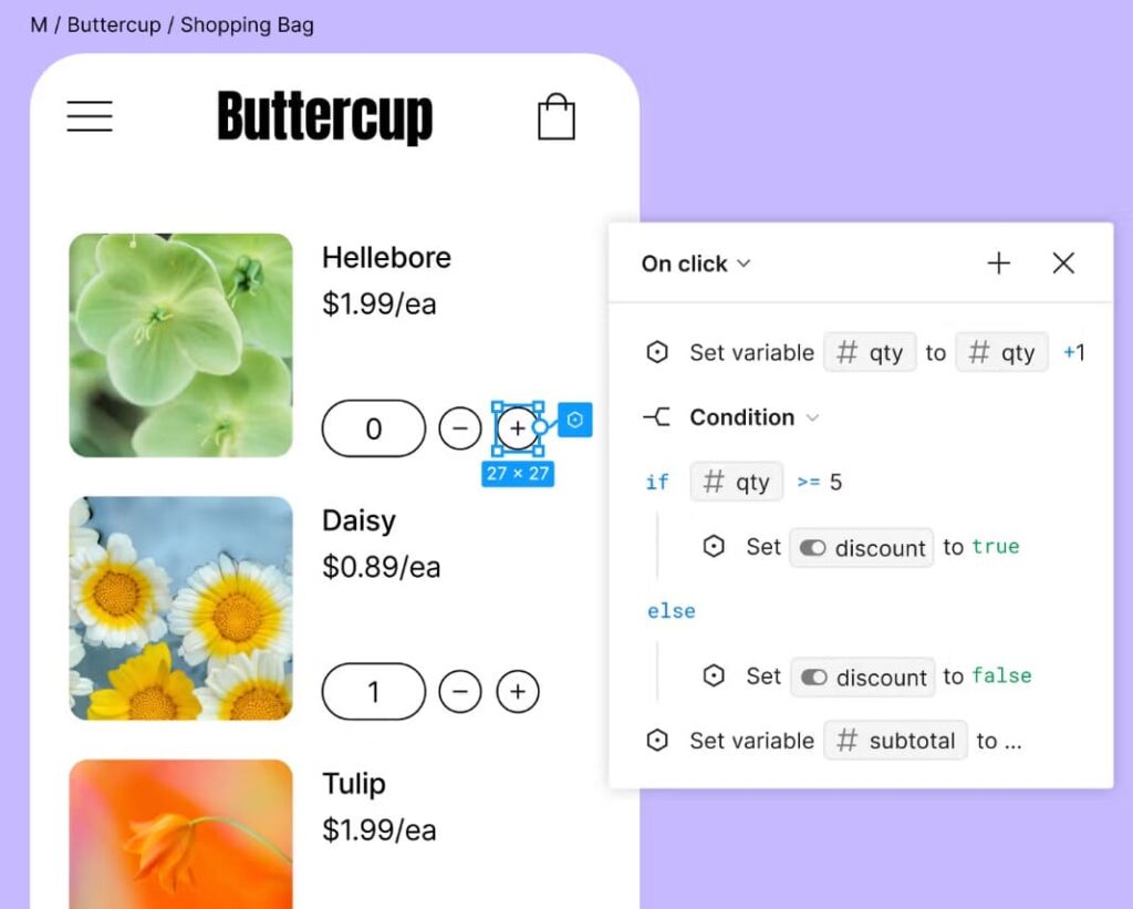 A screenshot of a Figma canvas, showing a prototype with conditional logic and complex interactions.