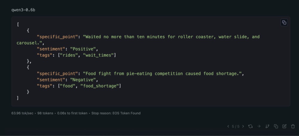 Example of the tiny Qwen 0.6B parameter model output