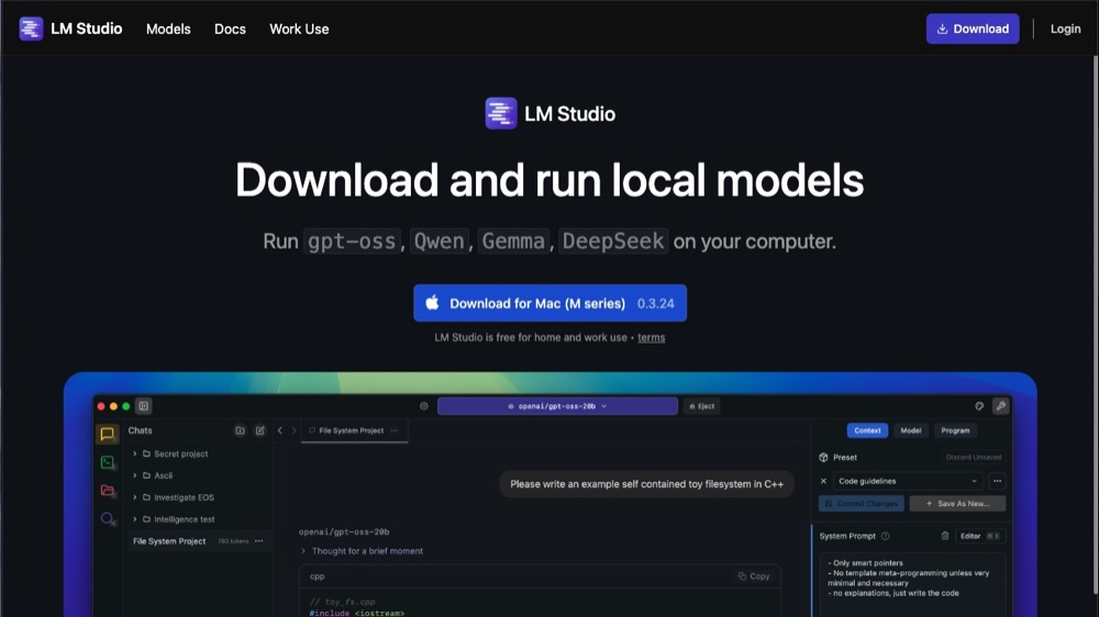 LM Studio Homepage. Hero title: “Download and run local models”
