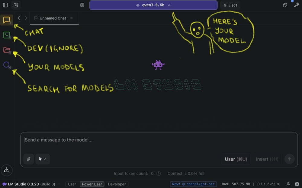 The LM Studio interface. Chat area and available tabs.