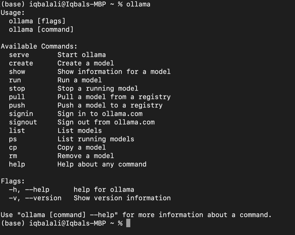 Ollama available commands list