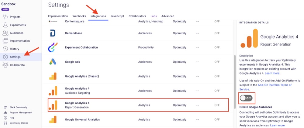 Optimizely GA4 integration settings screenshot
