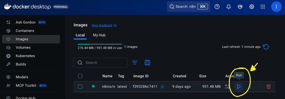 After n8n image is downloaded, ‘run’ to create container