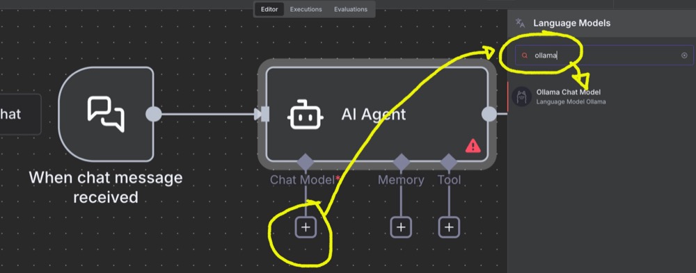 Connect the Ollama chat model as the sub-module
