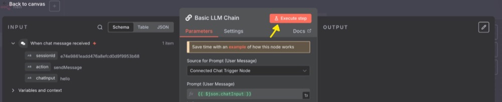Execute step in the Basic LLM Chain node