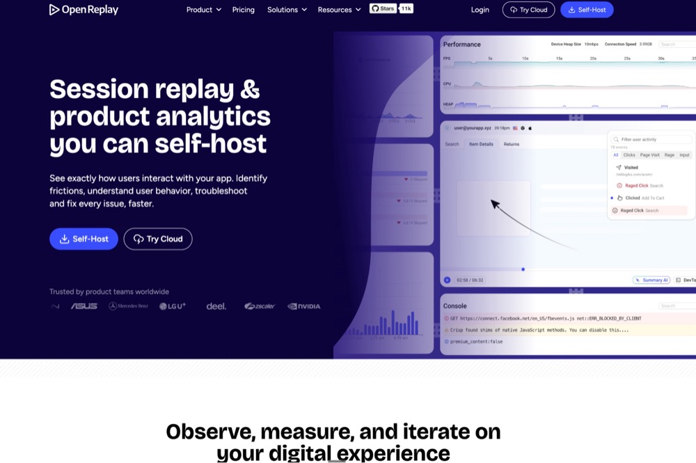 OpenReplay is an open-source session replay and product analytics platform with strong privacy compliance.