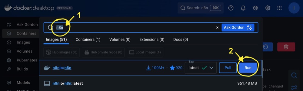Search for n8n image in Docker and ‘run’