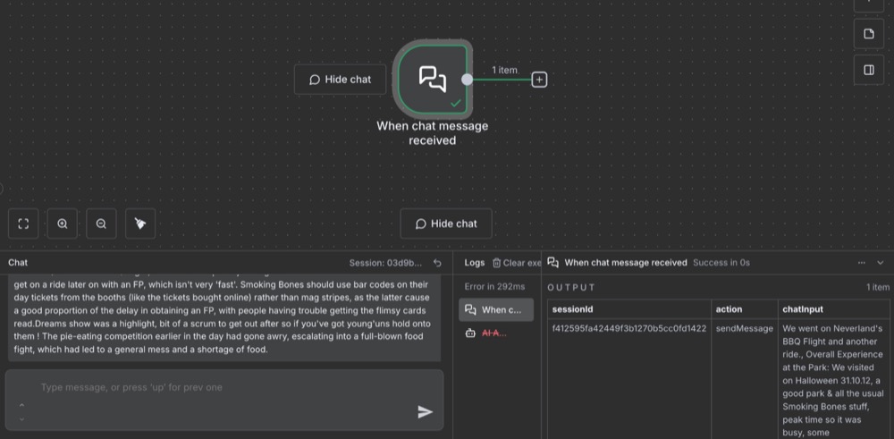 Simple chat trigger in n8n, sending hte user feedback as the message