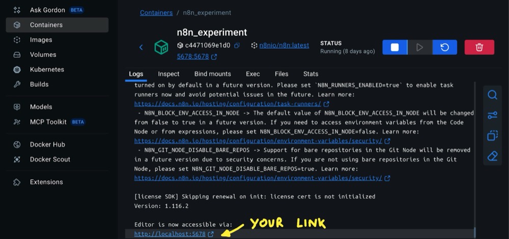 Use the link to open n8n in your browser