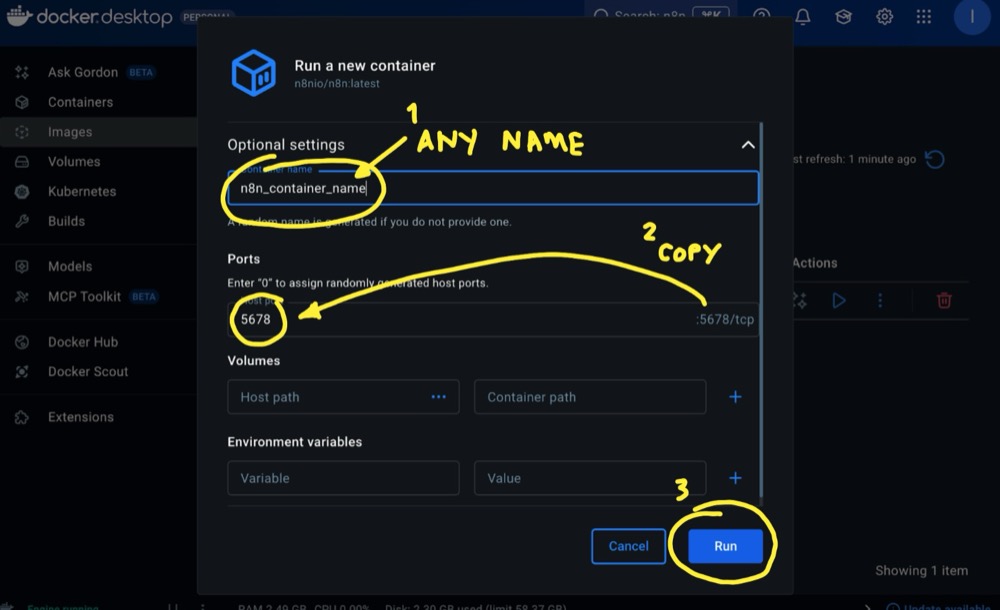 n8n docker container options. Copy port, provide a name, and ‘run’