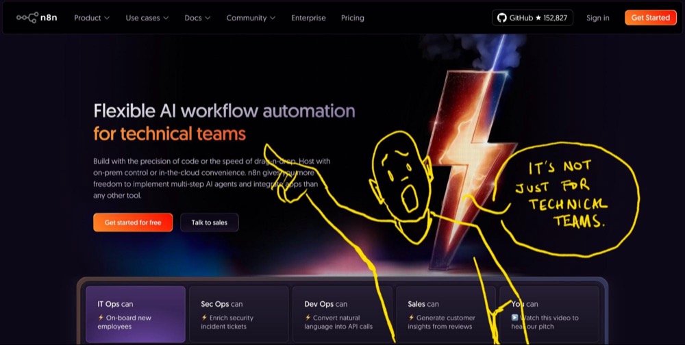 n8n homepage. It’s not just for “technical” teams