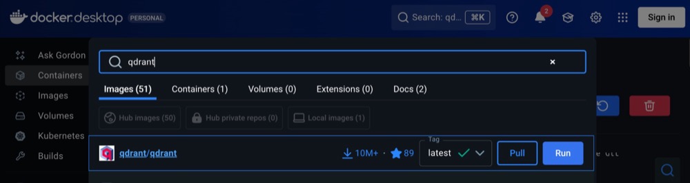 Docker Studio. Search for Qdrant