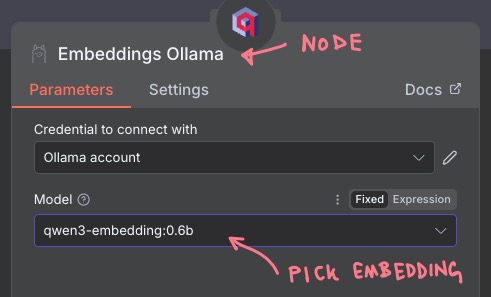 Embeddings Ollama subnode. Select the embedding model
