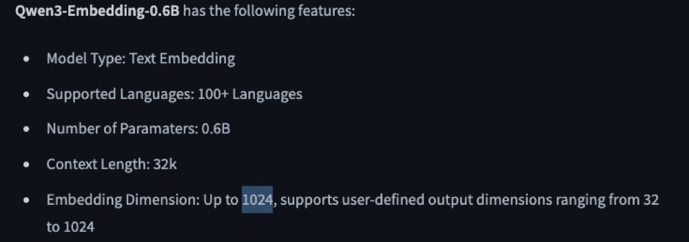 Hugginface is more reliable, identifying 0.6B as 1024 dimensions