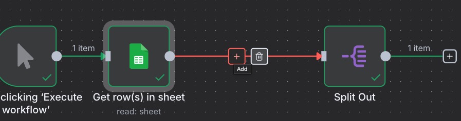 Insert Limit node between Get row(s) in sheet and Split Out