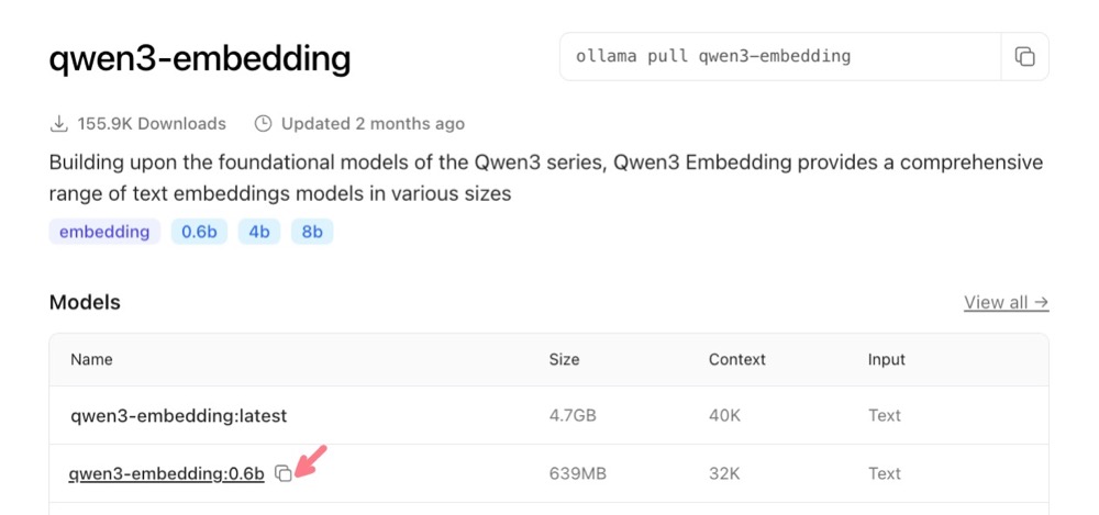 Ollama website: Copy model name for qwen3-embedding:0.6b