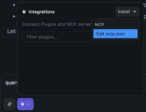 LM Studio Chat screen, plug icon → Install → Edit mcp.json