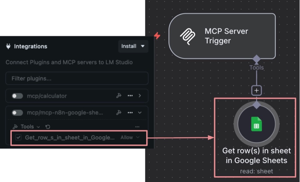 LM Studio, Server tools list → n8n, MCP Server tools list