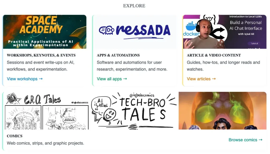 iqbala.com website with panels, the comics panel is last