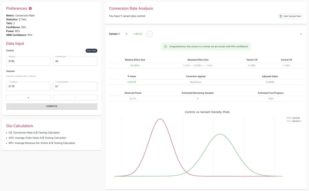 A/B testing calculators in Convert Experiences