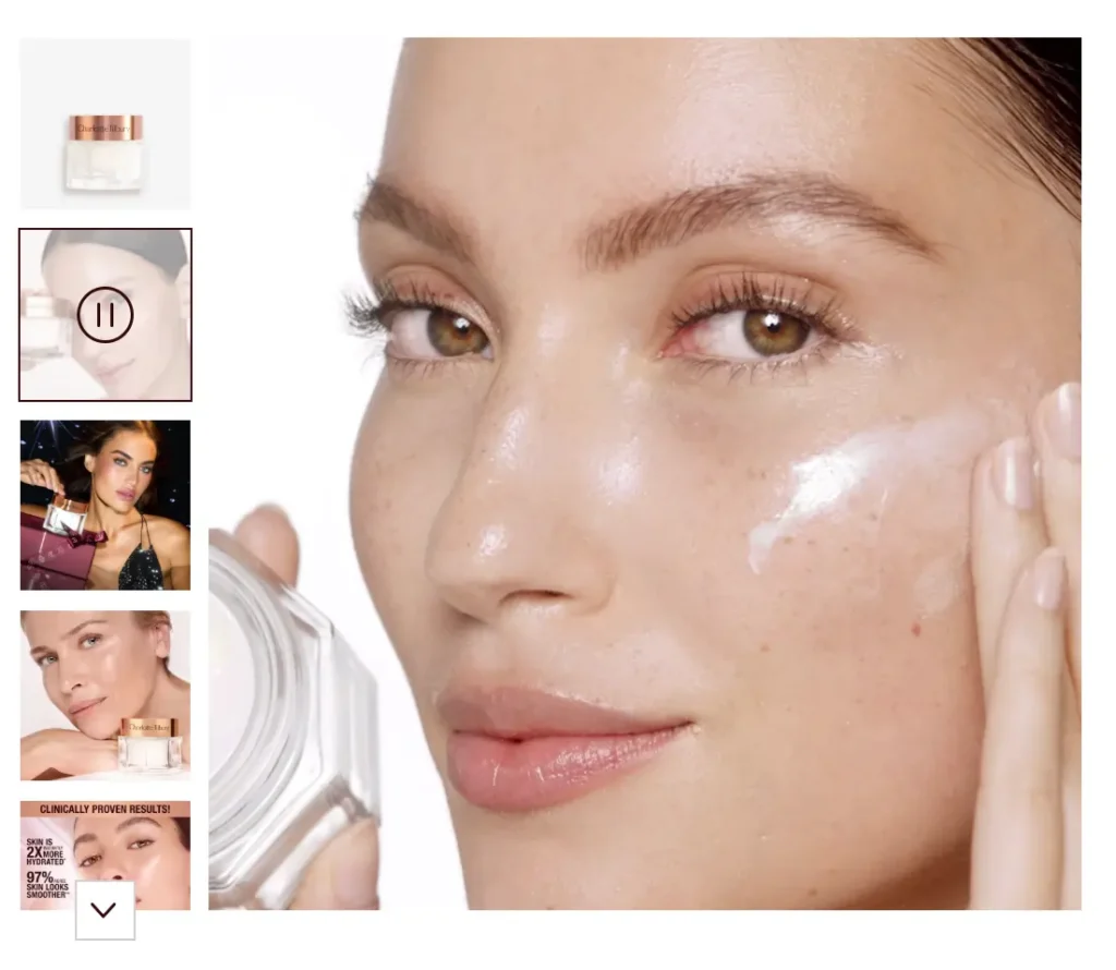 Charlotte Tilbury Product Carousel for their Magic Cream showing the video they use on the 2nd slide