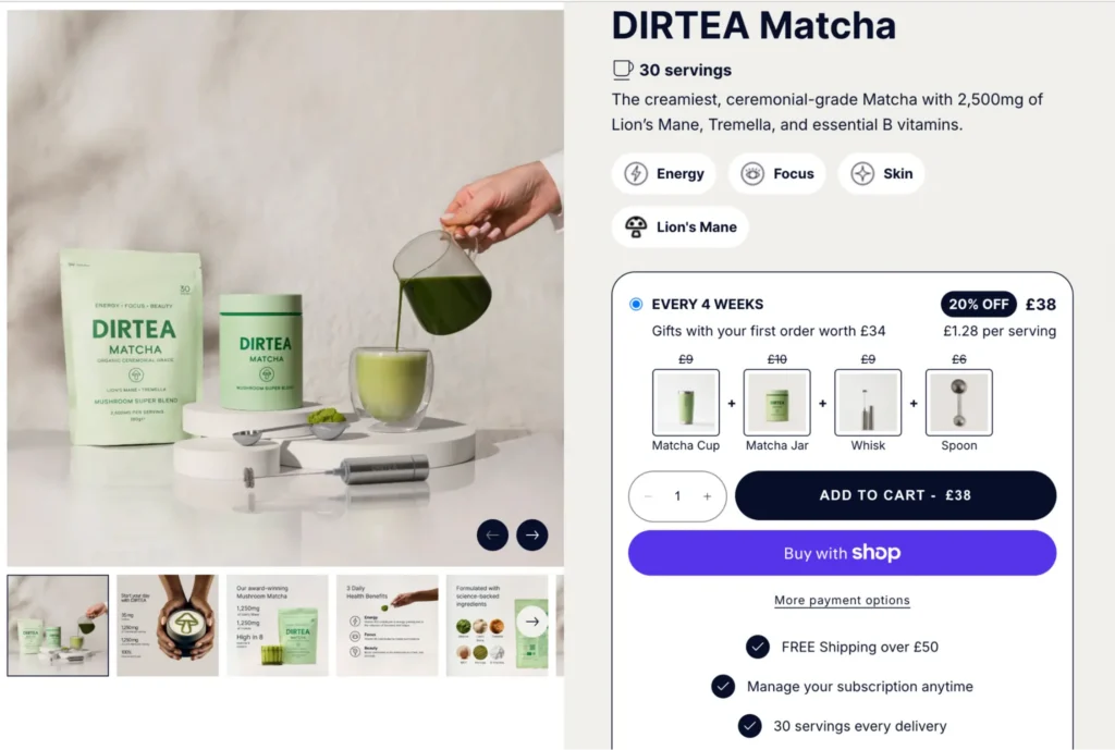 The top of DIRTEA’s Matcha page showing the product image carousel and the product description