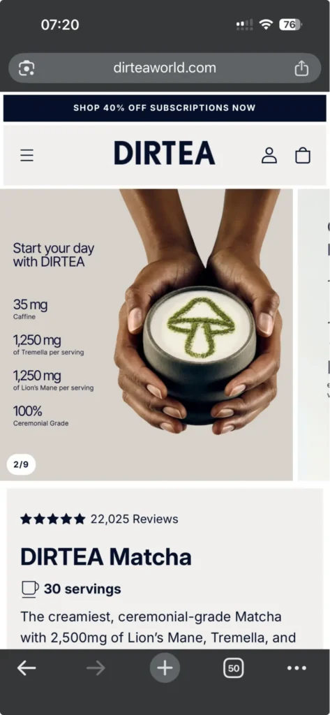 A screenshot of DIRTEA’s Matcha Product Page on mobile, showing mainly the product carousel