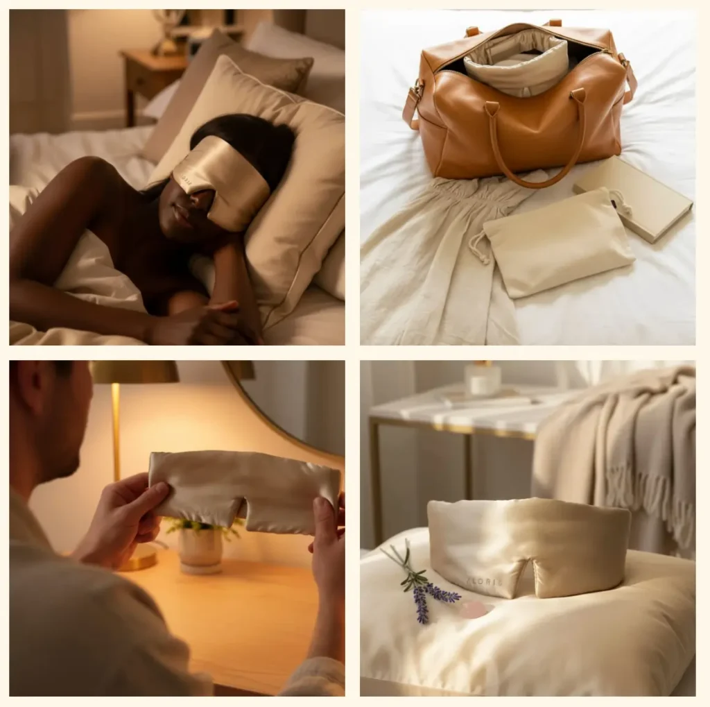 Shows four carousel visuals of a sleeping mask created with AI