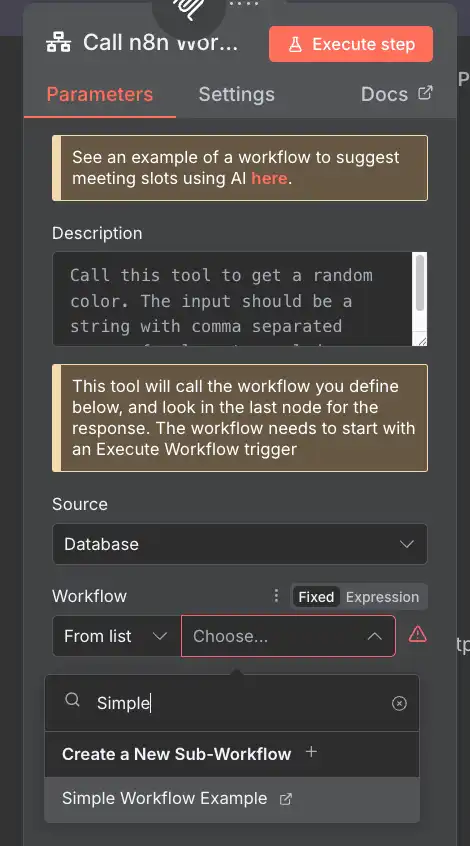 "Call n8n Workflow Tool" sub-node settings