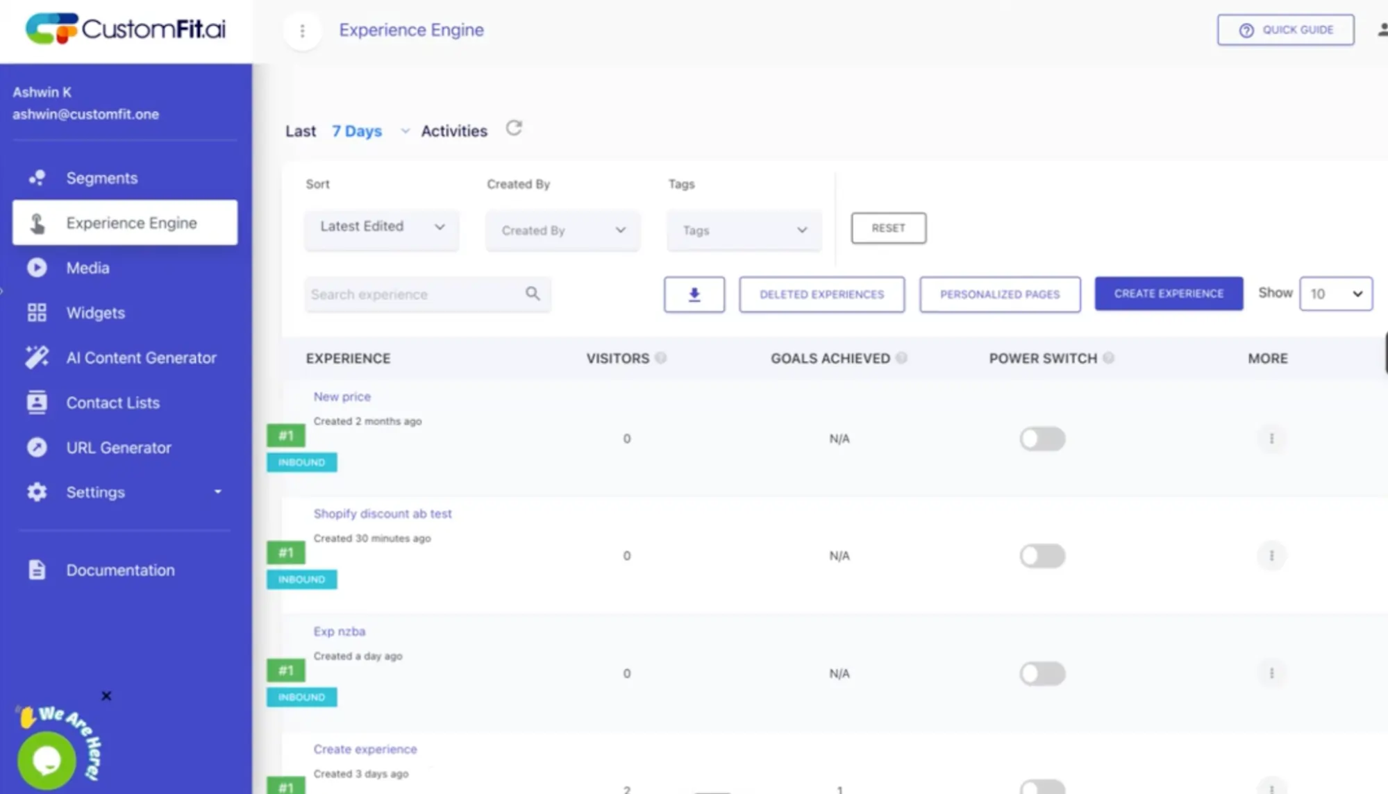 CustomFit.ai experiment screen called Experience Engine