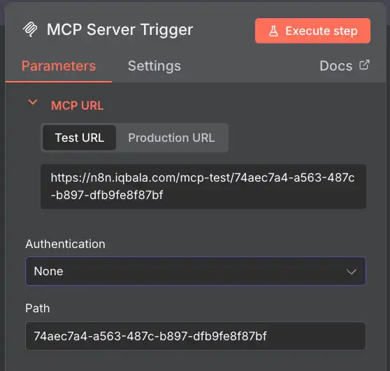 MCP Server trigger settings in n8n