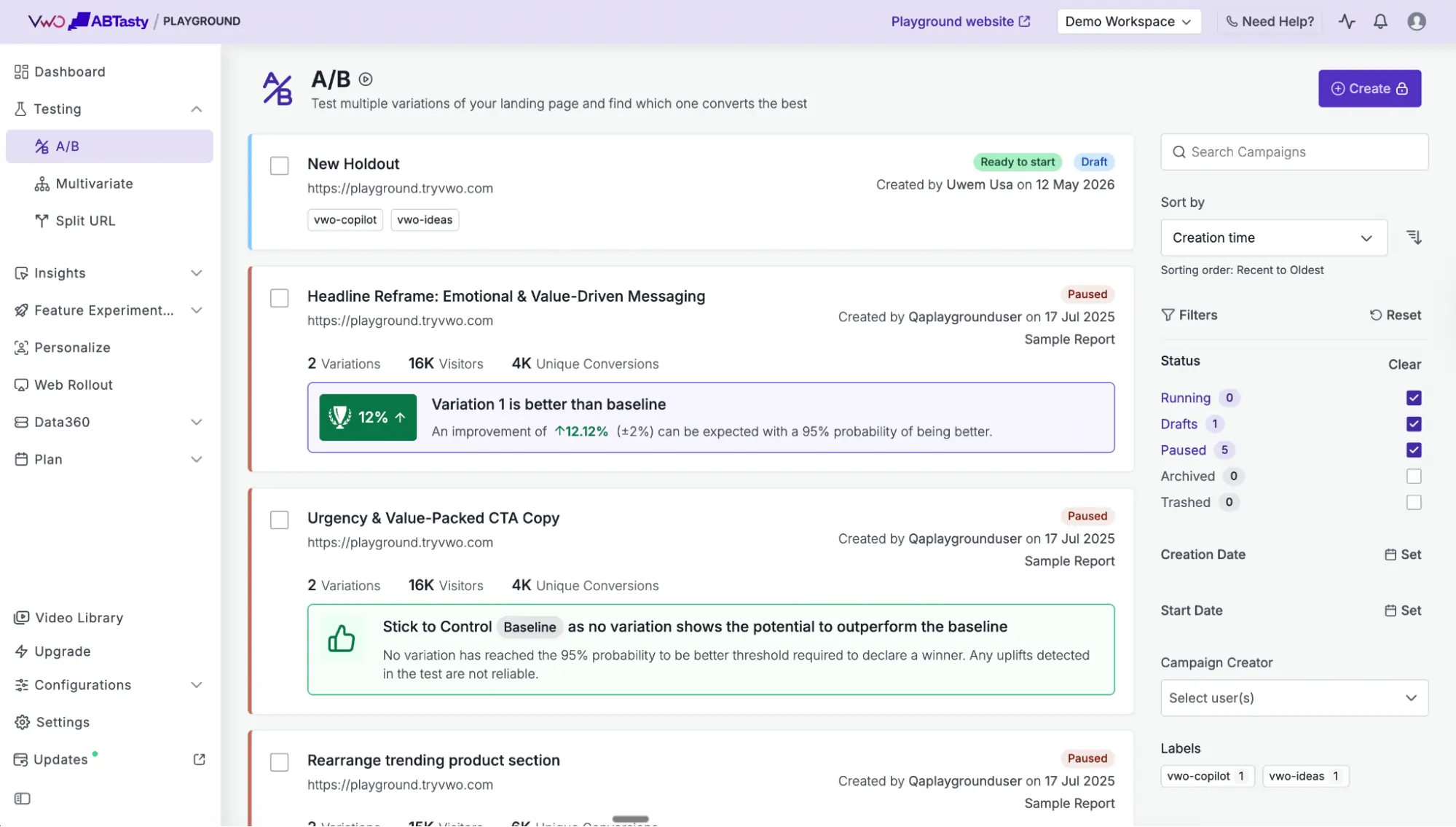 VWO-ABTasty UI showing a/b testing