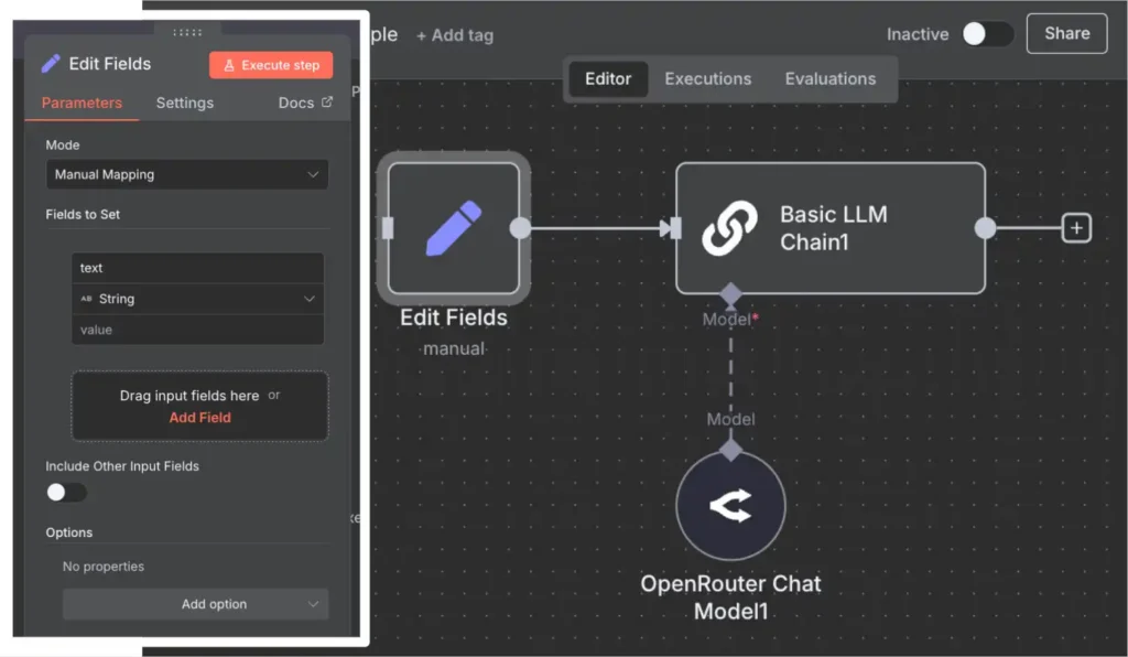 n8n Simple workflow for translating text to Spanish.