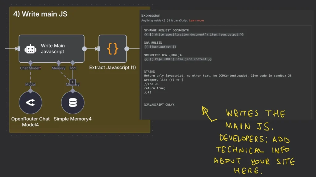 n8n node that writes the main javascript