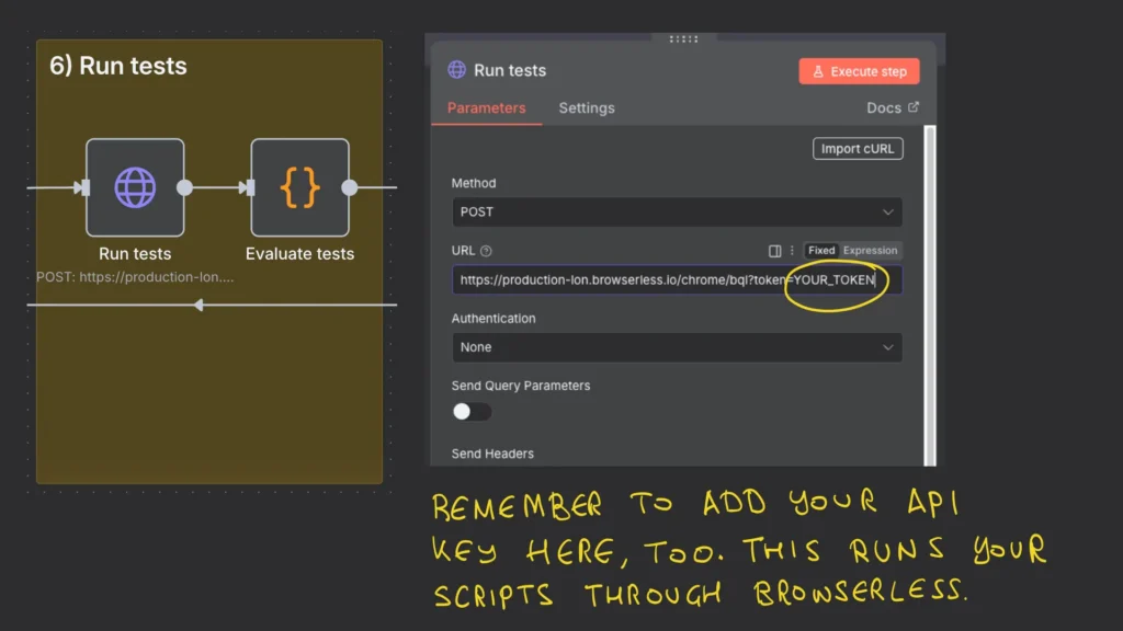 n8n nodes that sends the request to Browserless to render pages and run tests