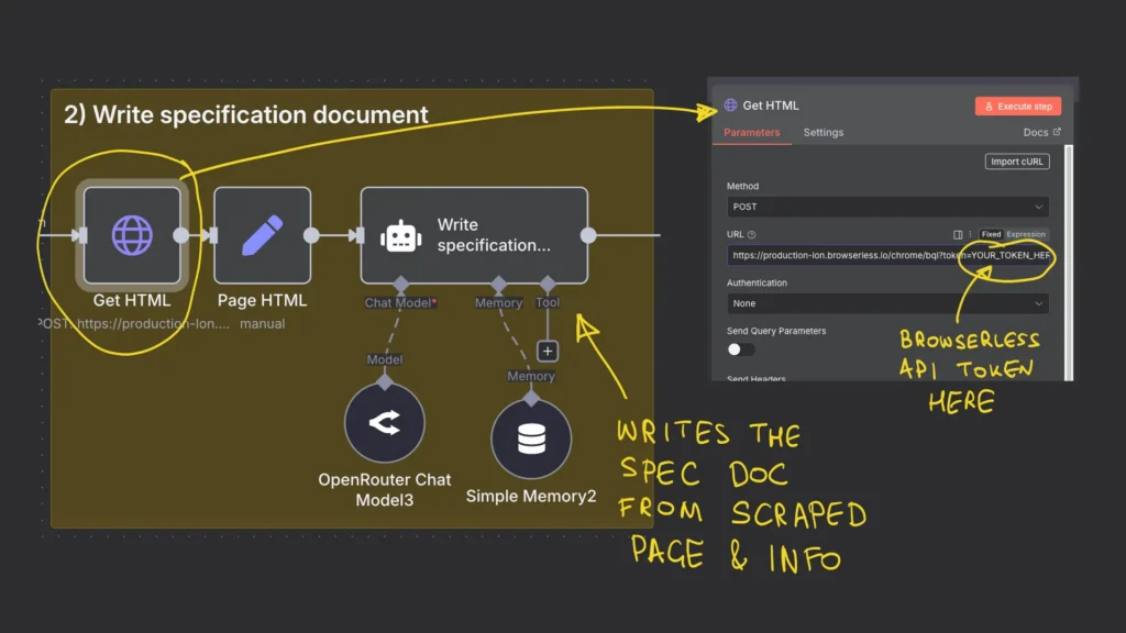 n8n write specification document. You need to enter your API Token here.