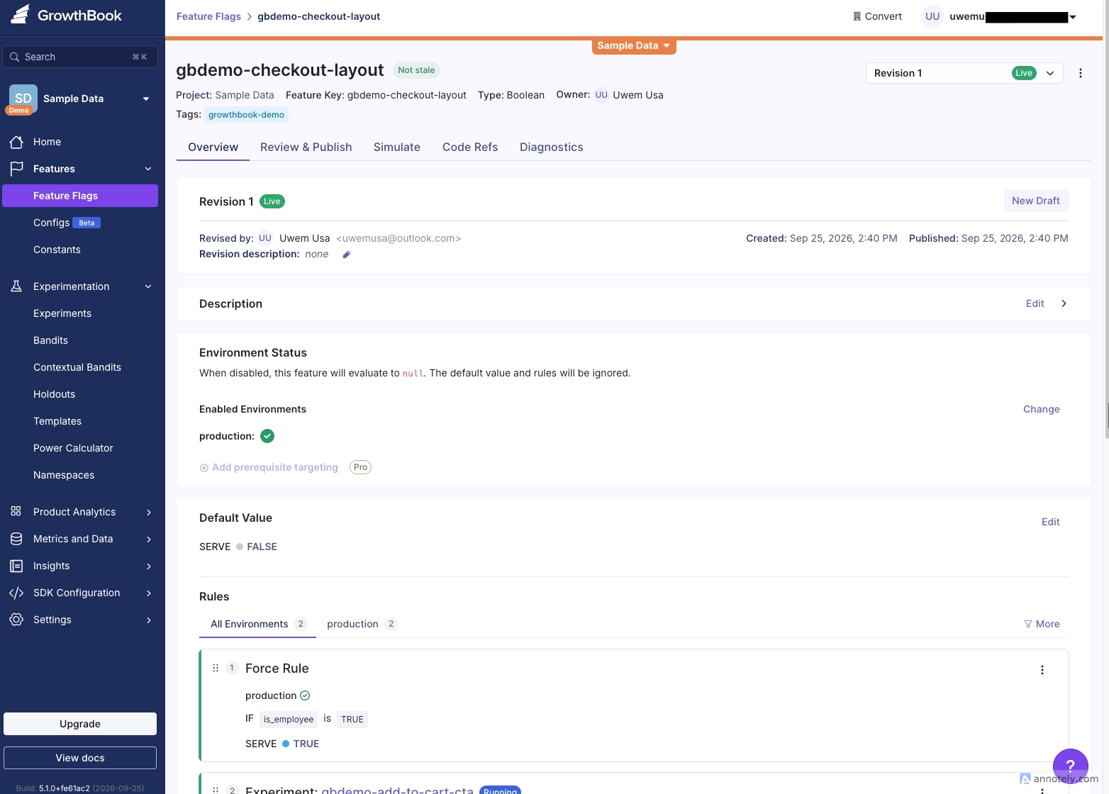 Growthbook feature flag overview demo screenshot