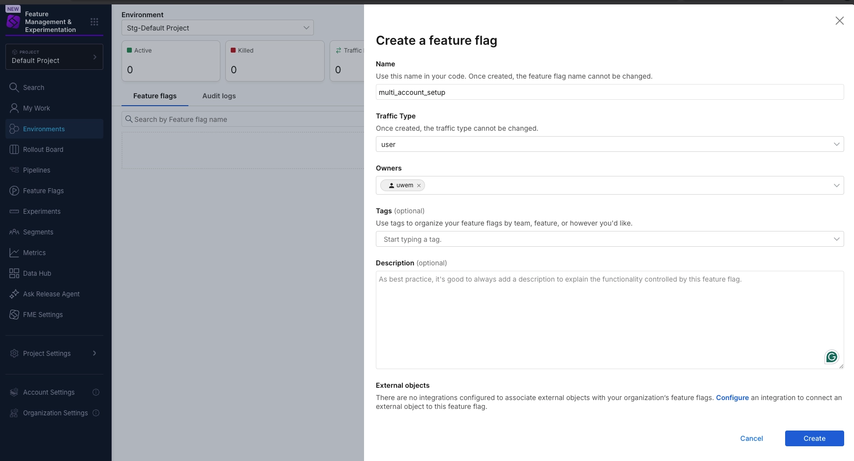 Harness FME create a feature flag setup screen