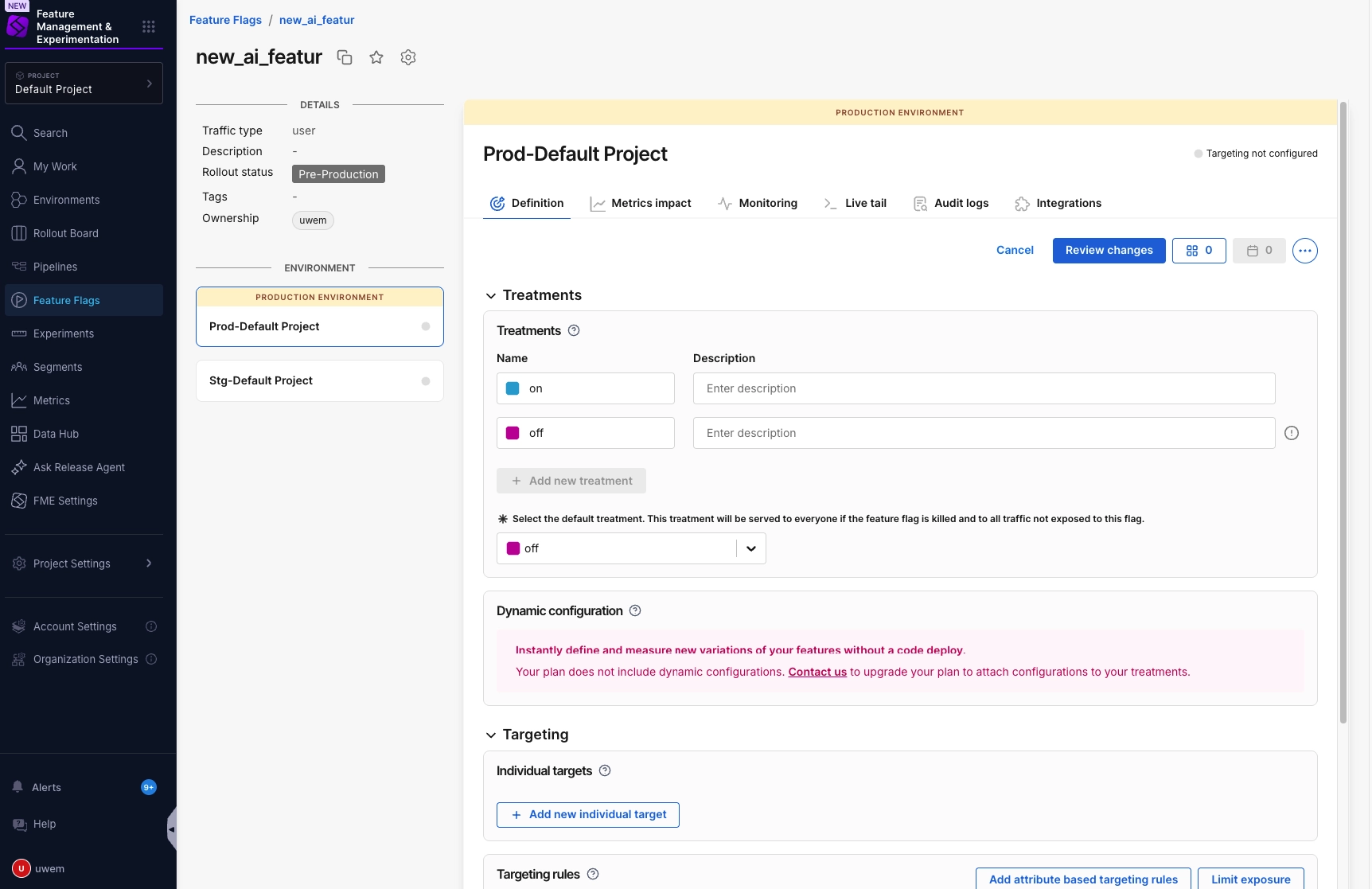 Harness feature management and experimentation feature flag setup screen