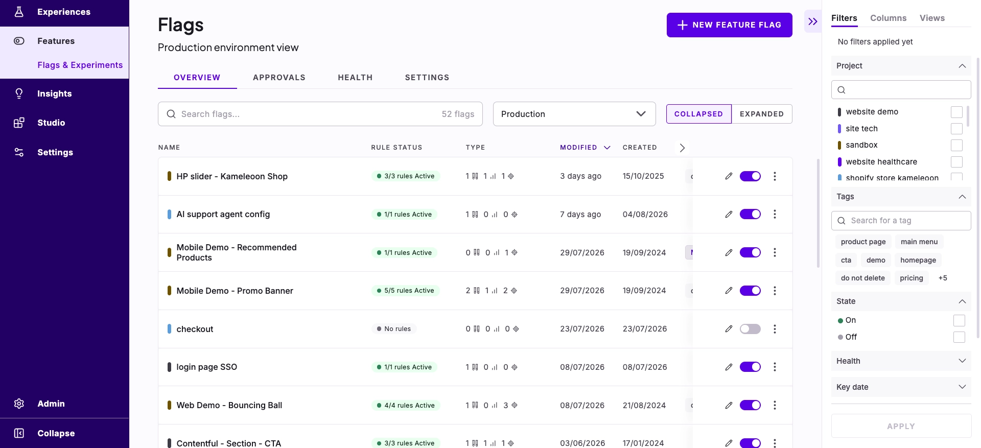 Kameleoon feature flags list view