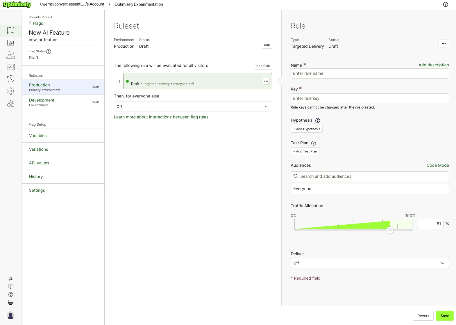 Optimizely feature experimentation feature rule setup screen