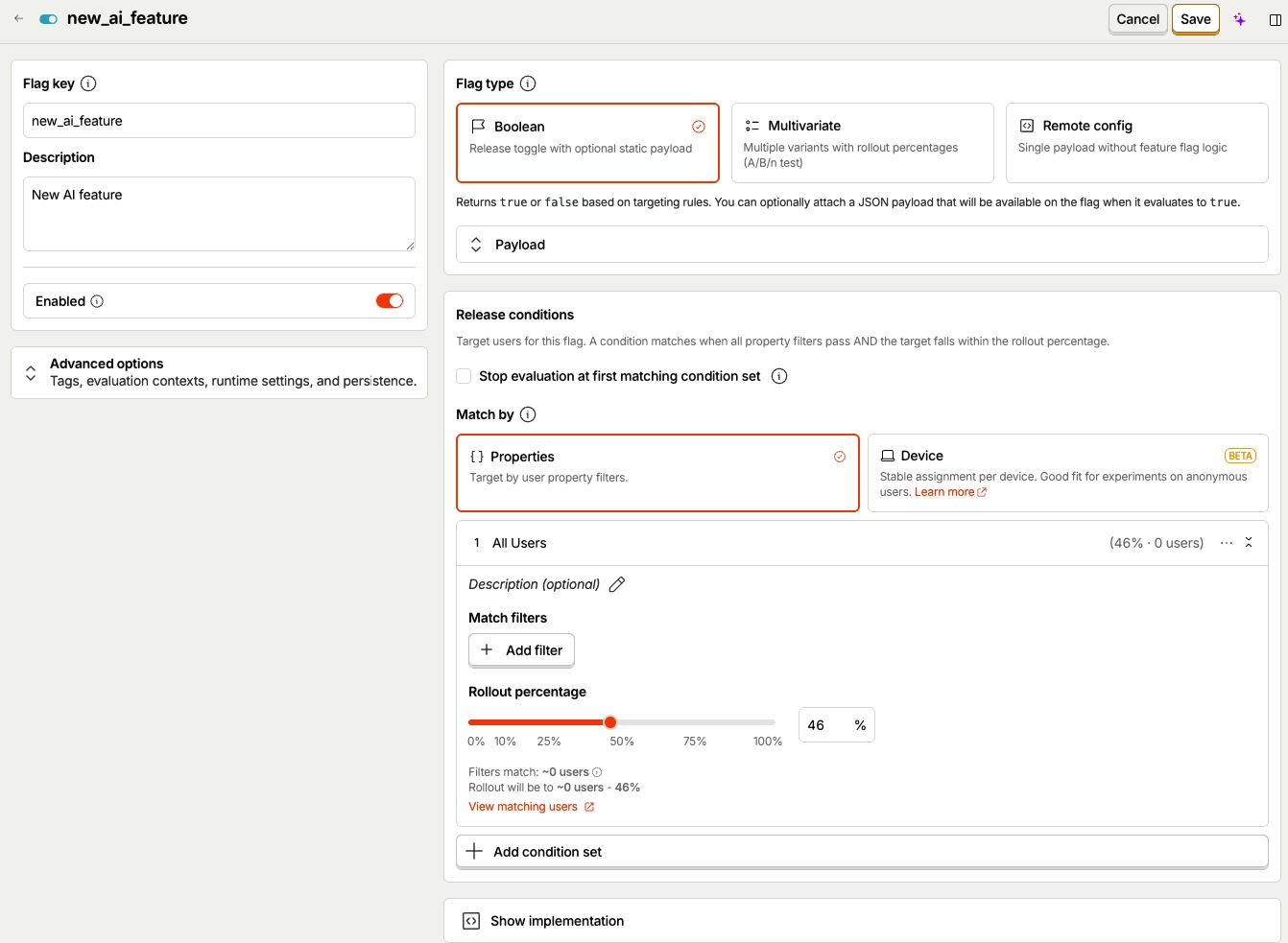 Posthog feature flag setup screen