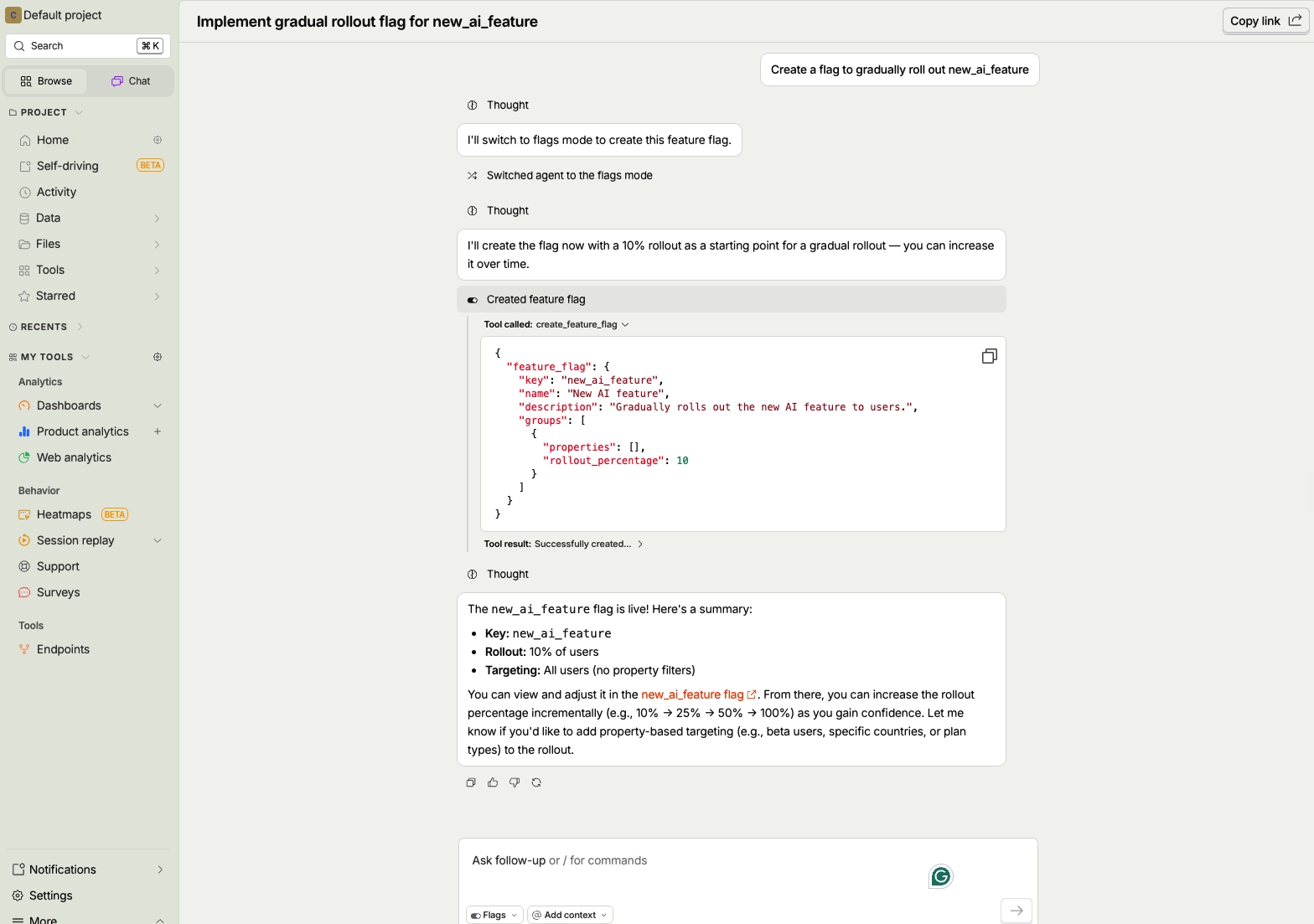 Posthog feature testing with AI assistant screenshot
