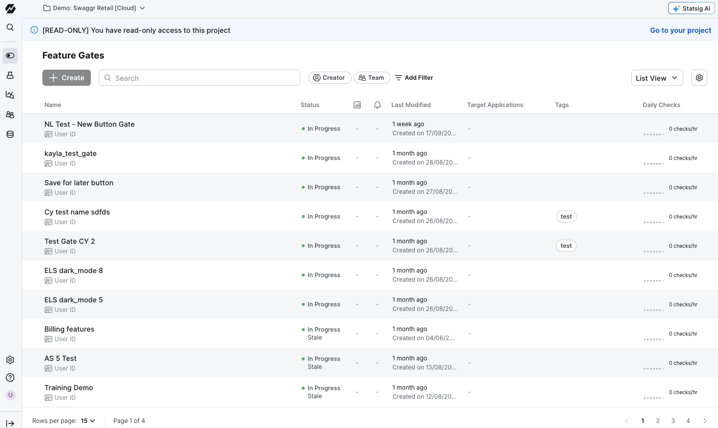 Statsig feature gates screen list view