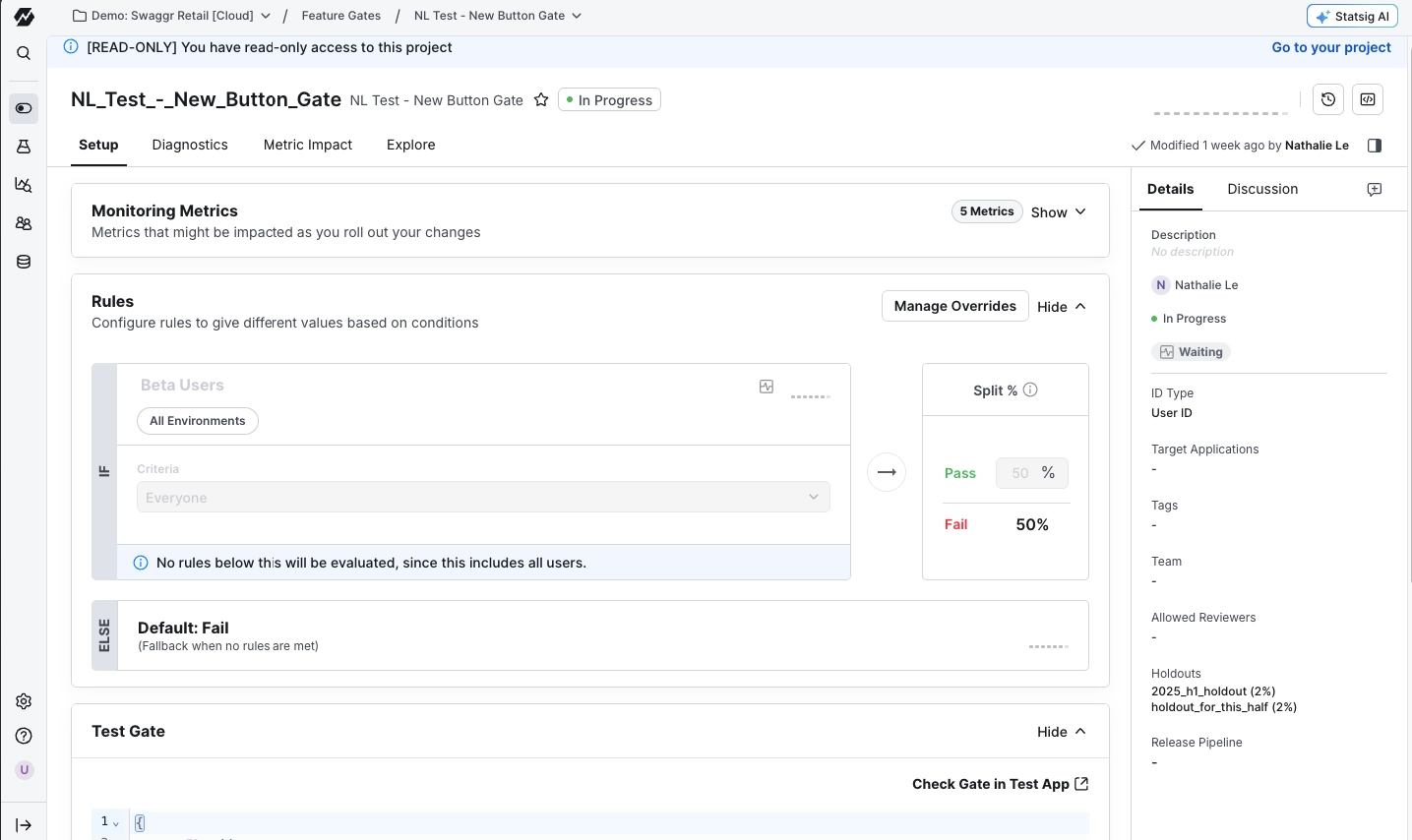 Statsig feature testing screen with split, monitoring metrics, and rules