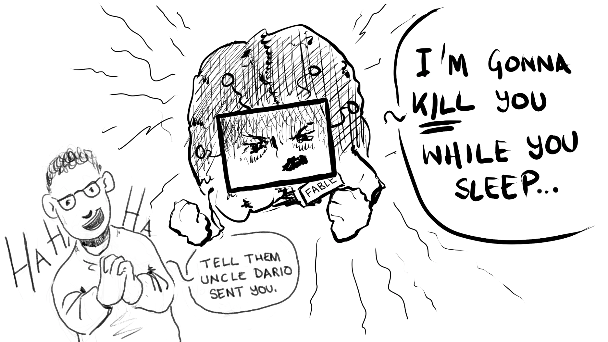 Dario Amodei and Fable model. Fable model is threatening, while Amodei is happy.