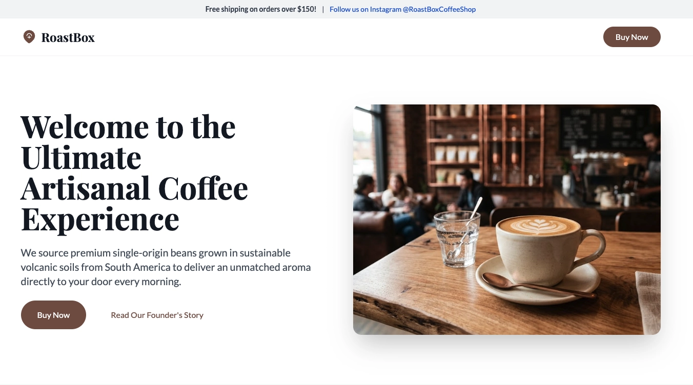 Demo landing page for a coffee roasting company site, where the main hero H1 tag says: Welcome to the Ultimate Artisanal Coffee Experience
